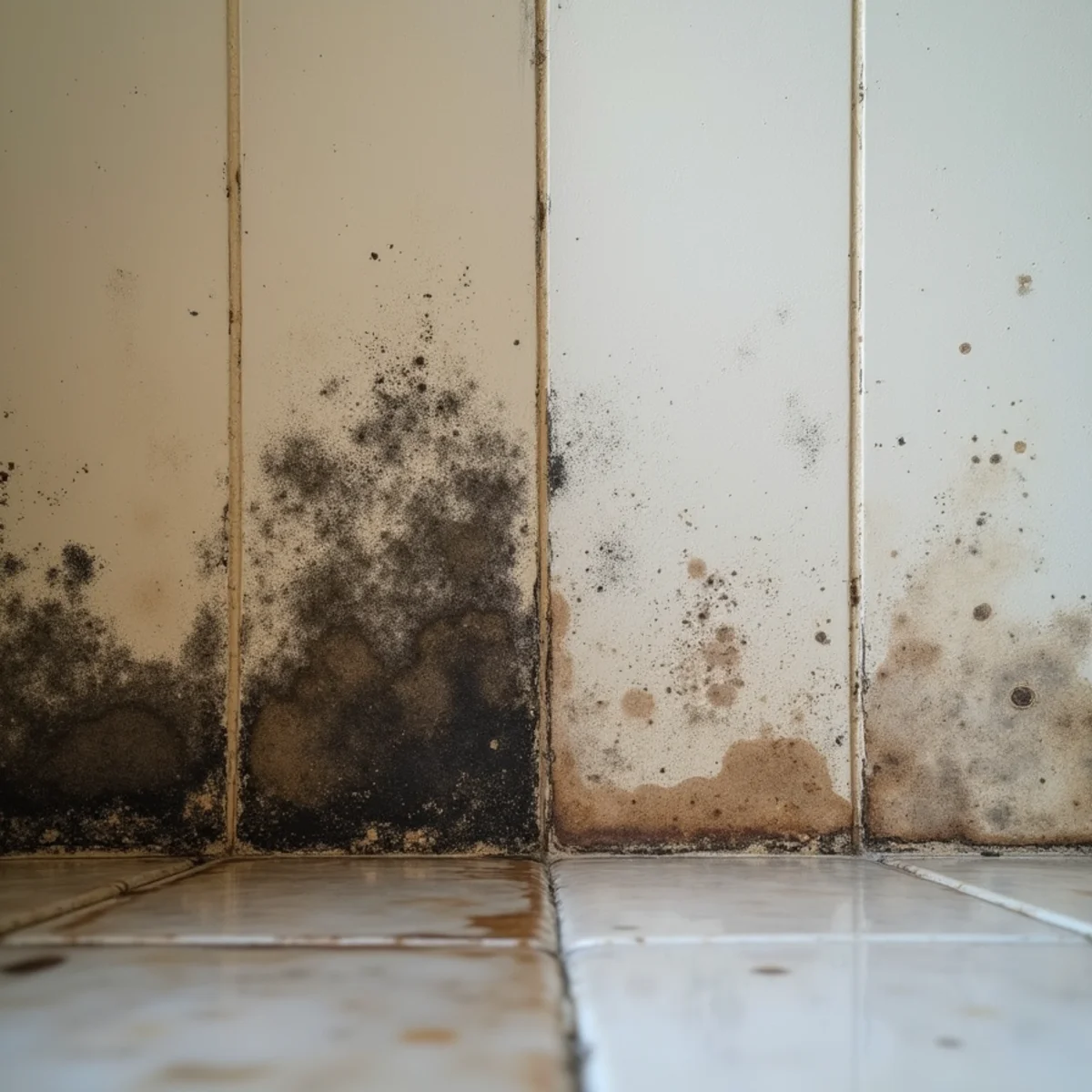 Comparison of black mold growth and surface mildew on a bathroom ceiling