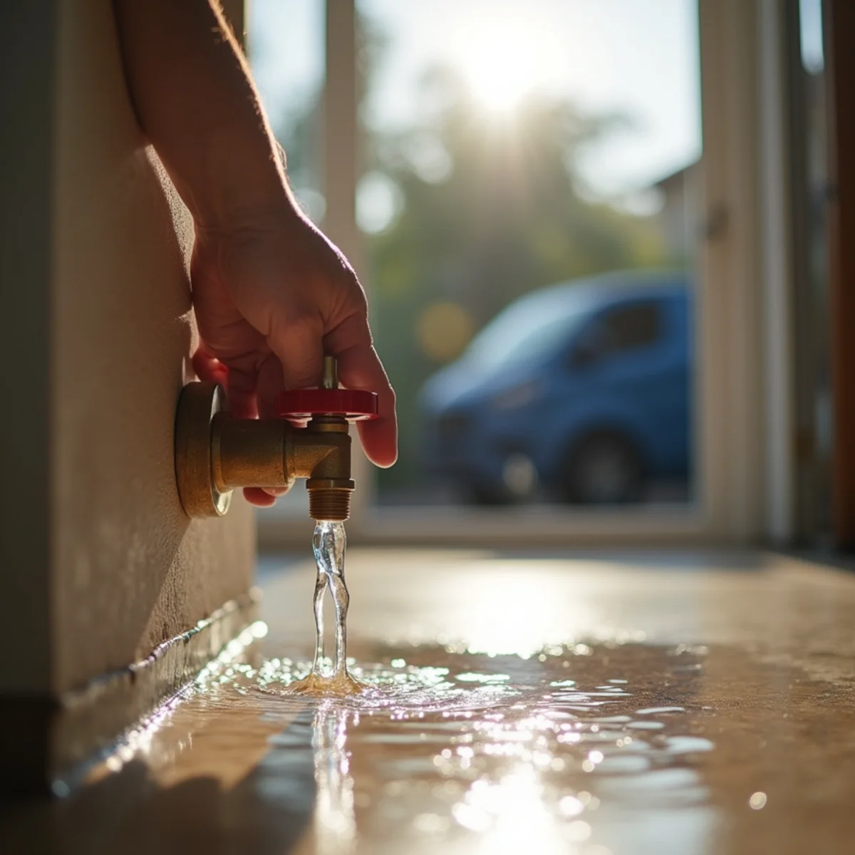 Homeowner shutting off the main water valve after a burst pipe in a Chino Hills home