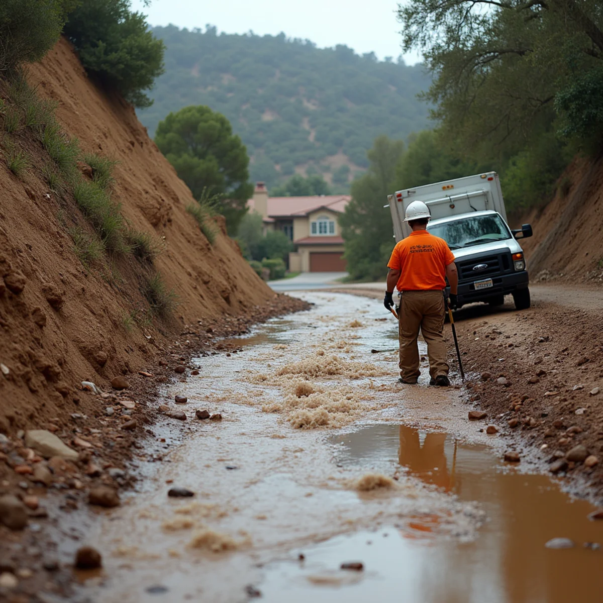 Steep hillside terrain along Carbon Canyon Road showing storm runoff and debris risk near Chino Hills homes