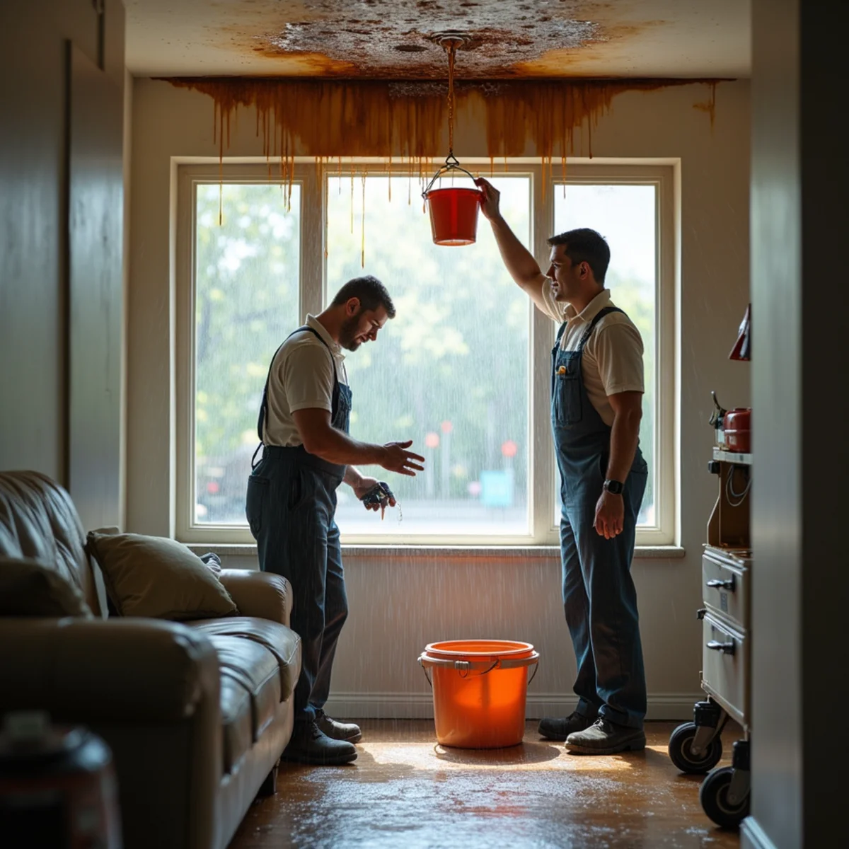 Water stain spreading across a ceiling during a storm in a Chino Hills home