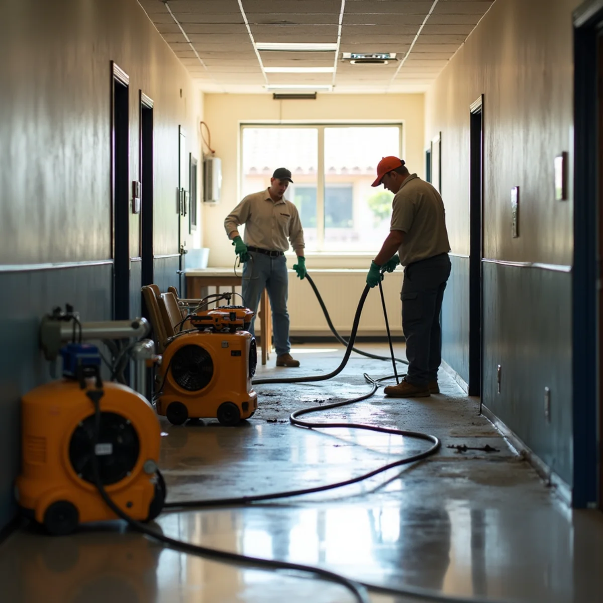 Commercial drying equipment set up in a school hallway after a water leak at a Chino Valley school facility