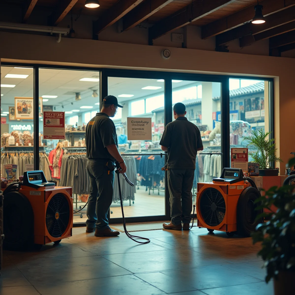 Water damage restoration equipment set up inside a closed retail store at The Shoppes at Chino Hills