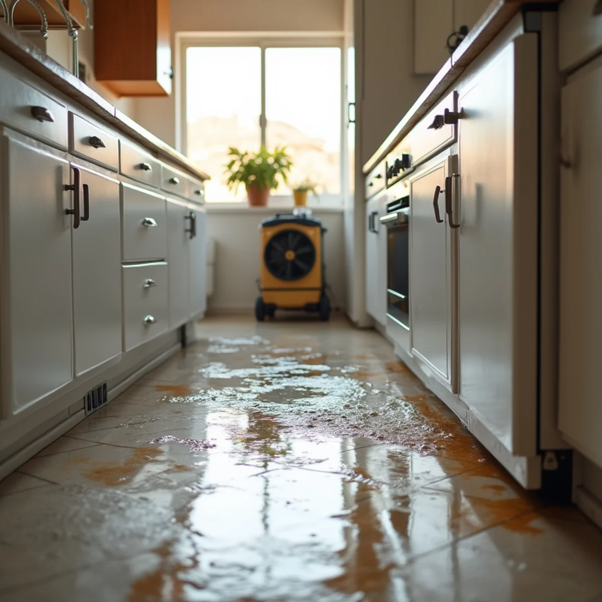Water pooled on a kitchen floor in front of an open dishwasher