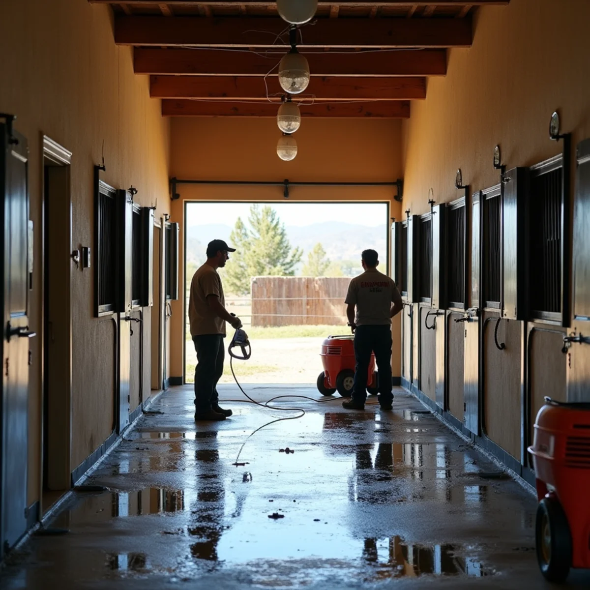 Flooded barn aisle with saturated bedding at an equestrian property near Norco