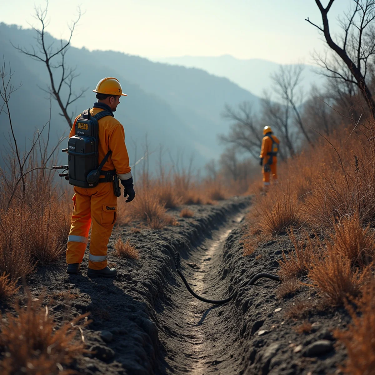 Bare, burned hillside near Prado Dam after the Euclid Fire, with runoff paths visible above a Chino Hills-area property