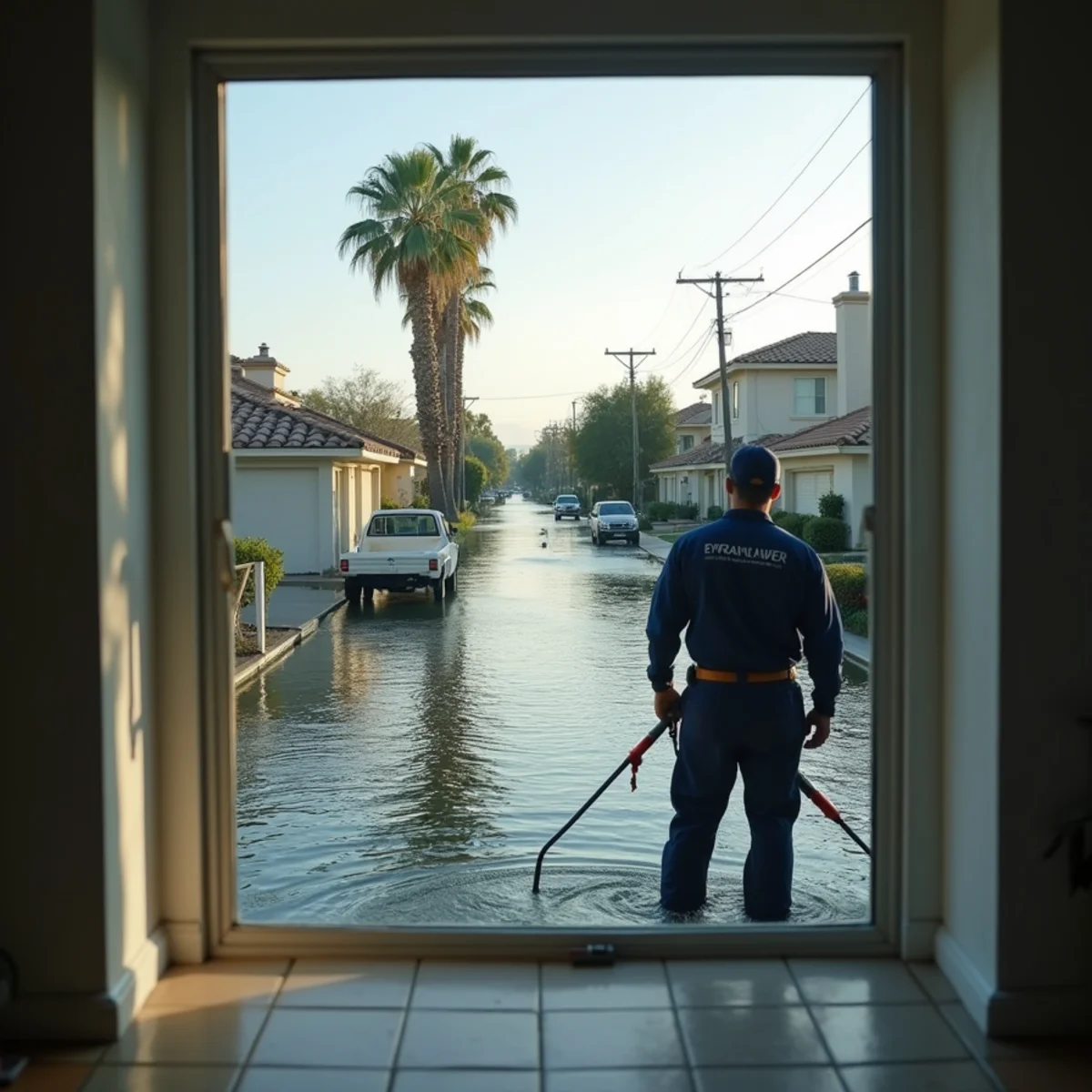 Storm water pooling against a home's foundation during heavy rain near Yorba Linda