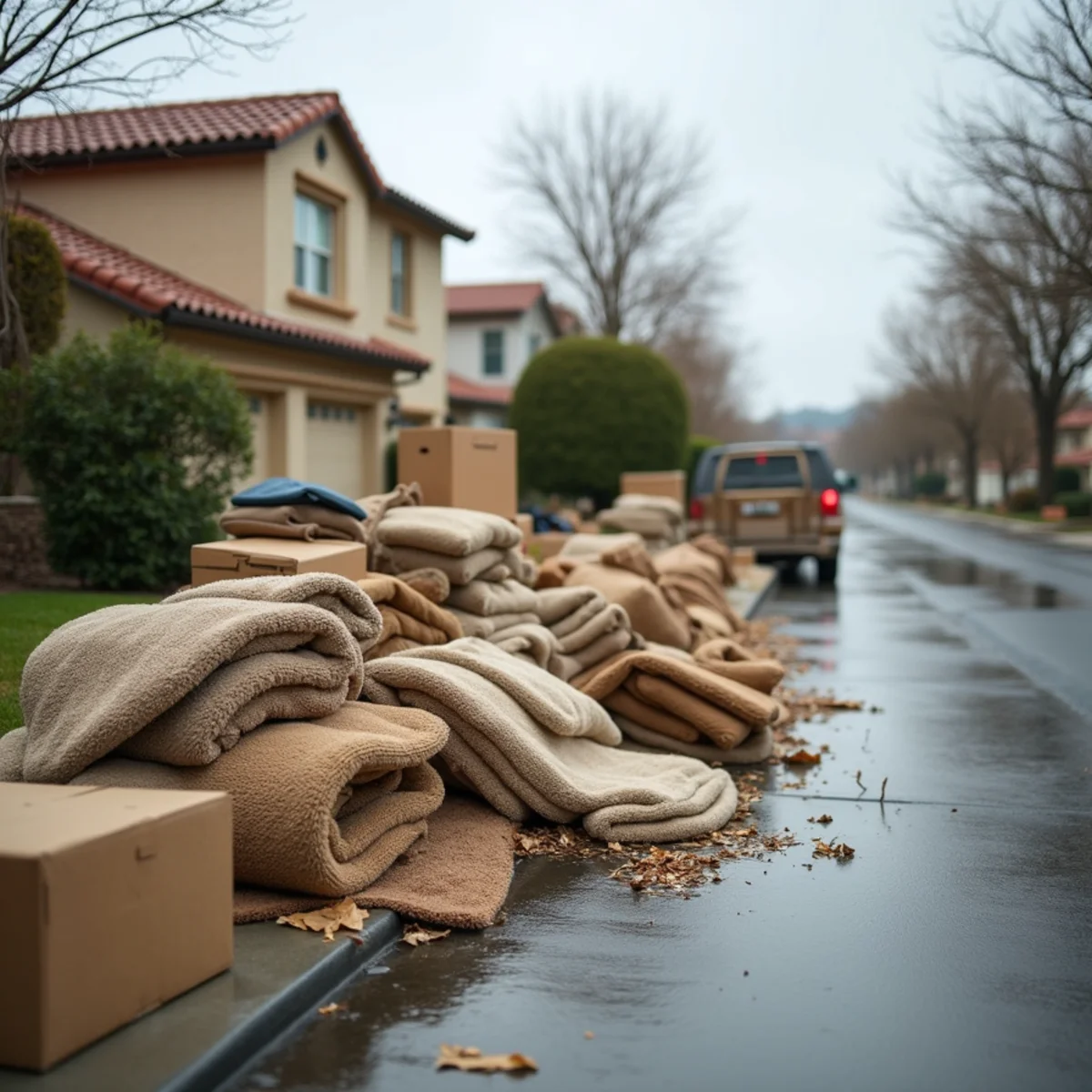 Homeowner and restoration crew sorting flood-damaged belongings after stormwater entered a home