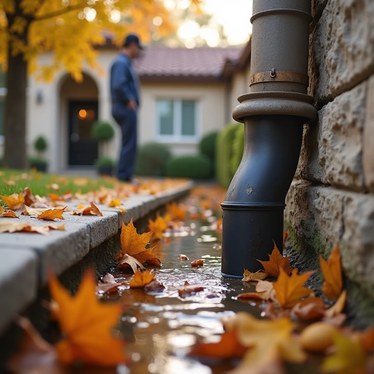 Homeowner clearing leaves and debris from a gutter before Chino Hills' rainy season