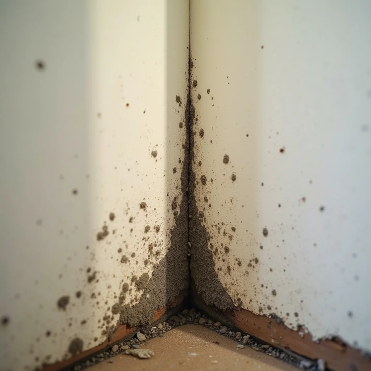 Close-up of early mold growth on wet drywall after a water leak in a Chino Hills home