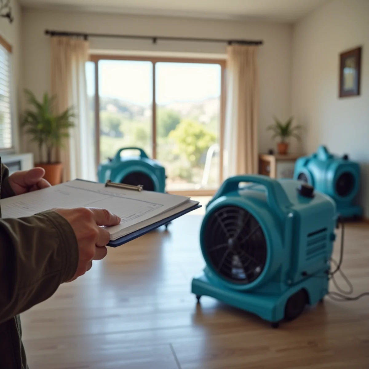 Air movers and a dehumidifier running in a drying room while a technician records a moisture meter reading