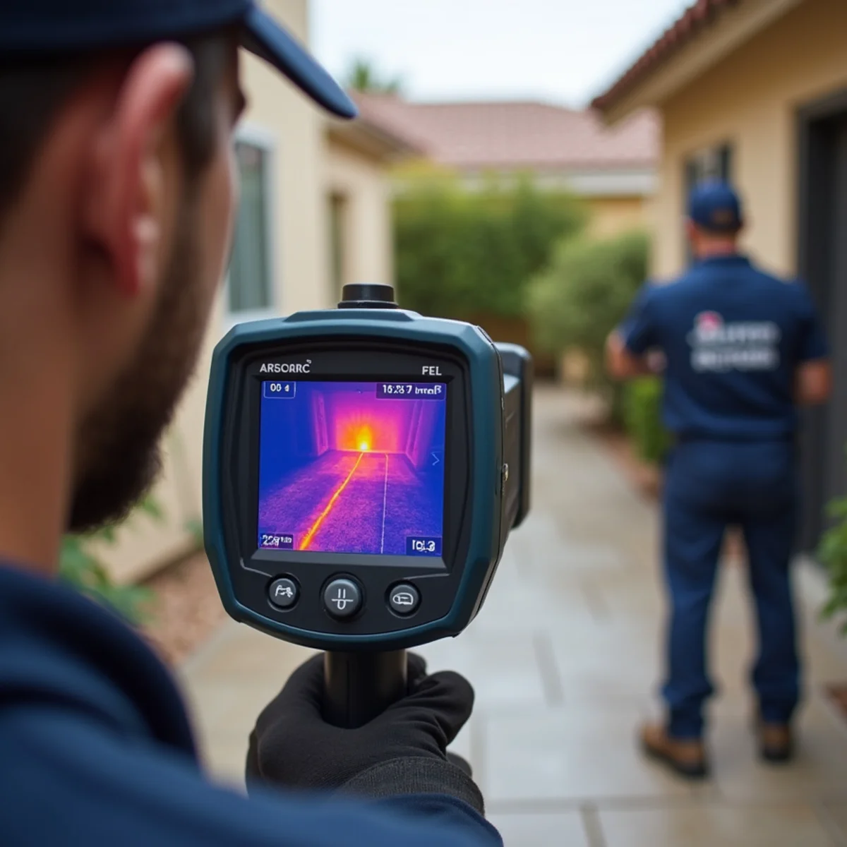 Technician using acoustic leak detection equipment to find a slab leak