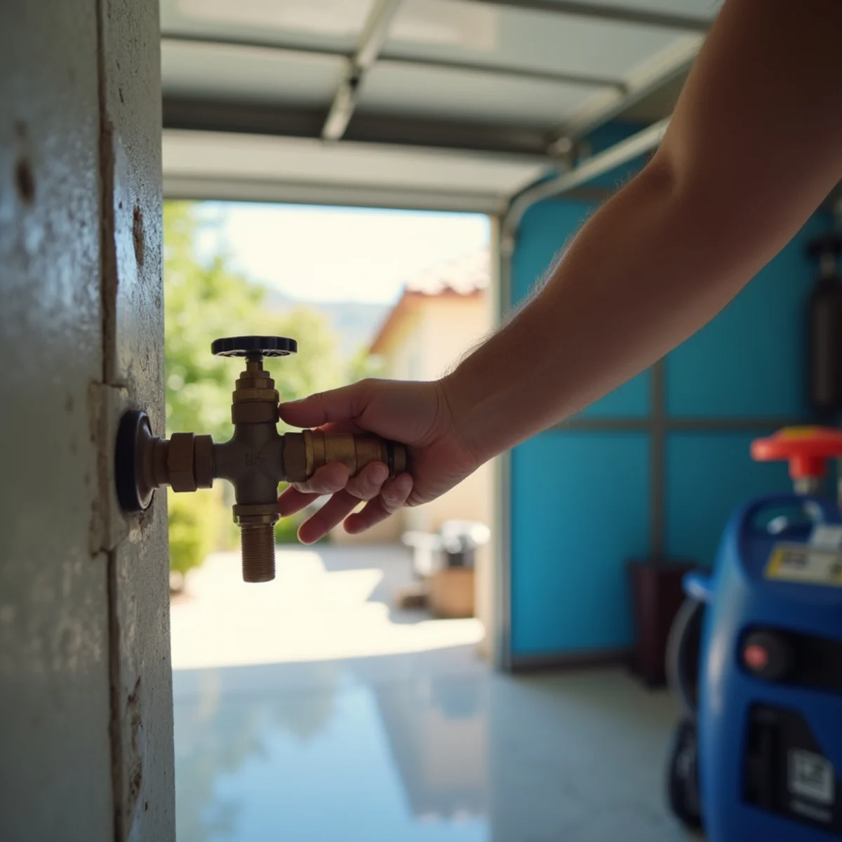 Homeowner locating and shutting off the main water valve in a garage
