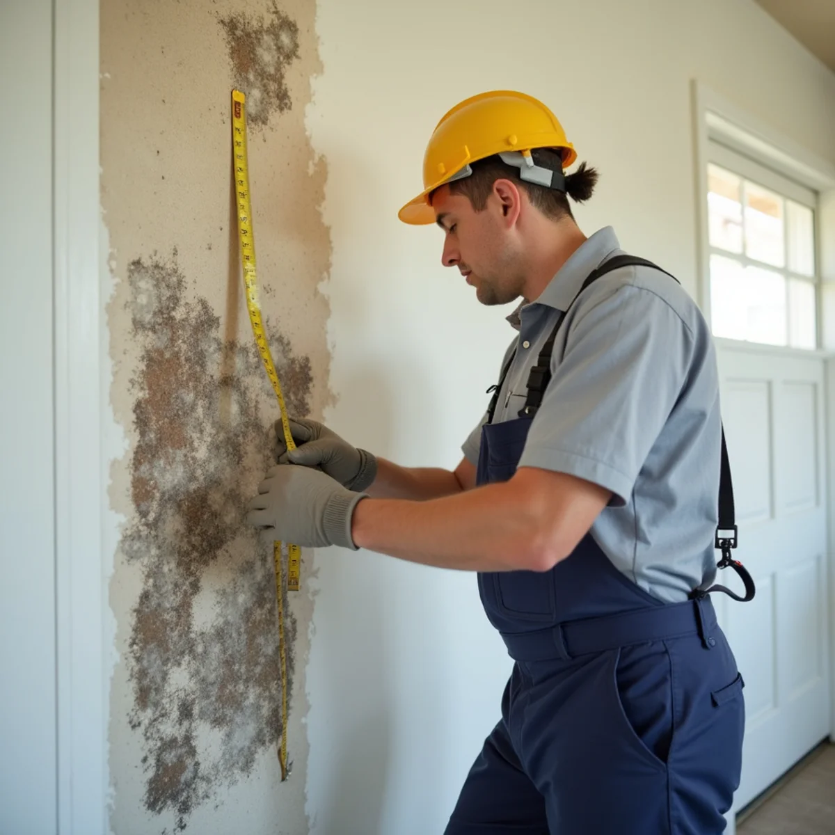 Technician assessing mold growth behind drywall in an Inland Empire home before remediation