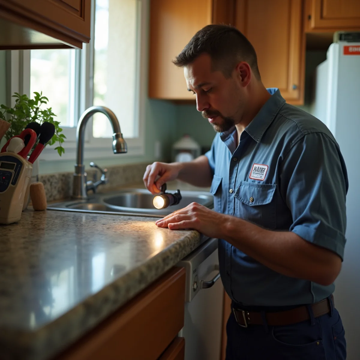 Homeowner checking under a kitchen sink for leaks as part of a monthly plumbing inspection in Chino