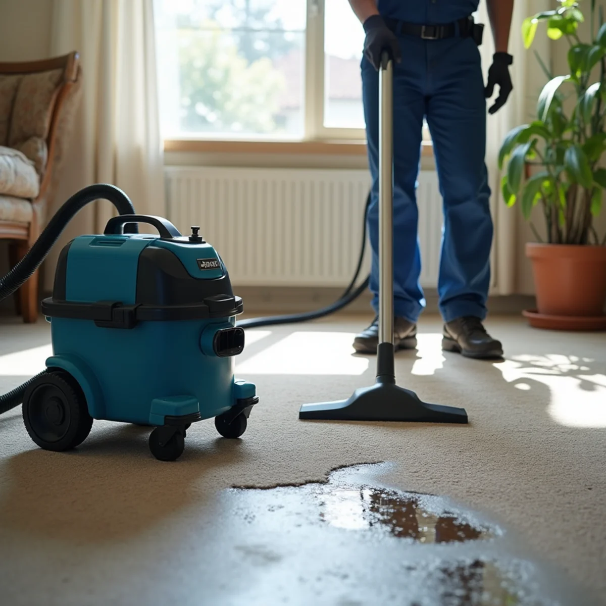 Technician using a professional weighted extraction tool on soaked carpet, pulling water a shop vac can't reach