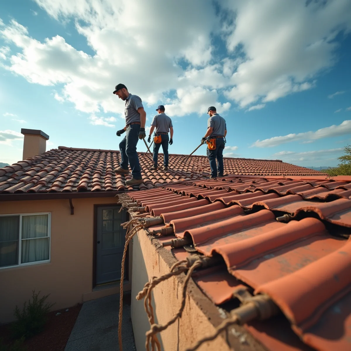 Wind-damaged roof tiles after a Santa Ana windstorm in Chino Hills