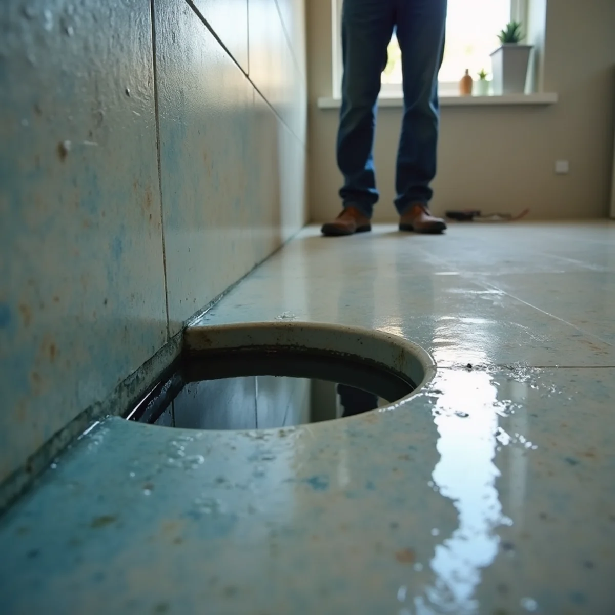Technician in full protective gear cleaning up a sewage backup in a residential shower