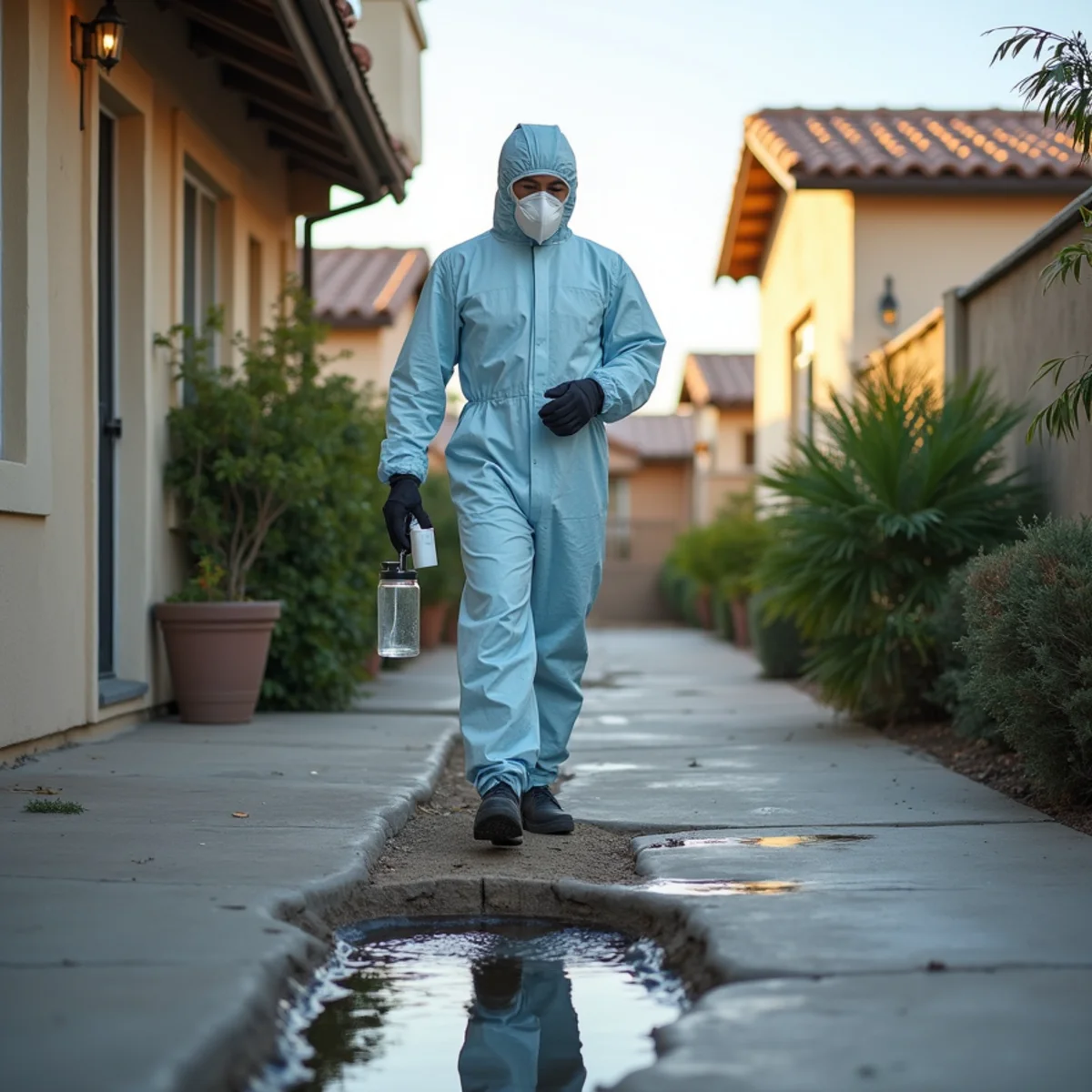 Technician in full protective gear cleaning up a sewage backup in a Pomona-area home