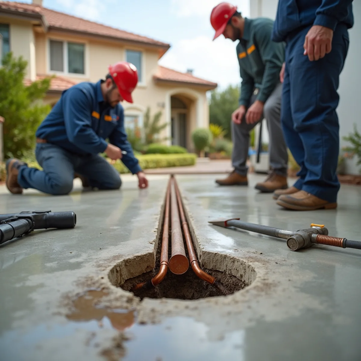 Plumber checking a slab leak repair access point with a moisture meter in a Chino Hills home