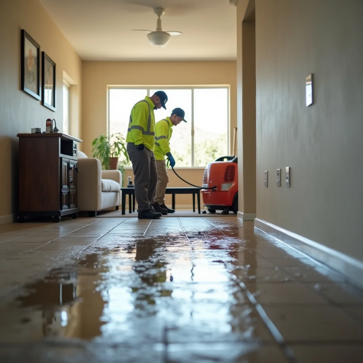 Standing water covering the floor of a living room after a flood