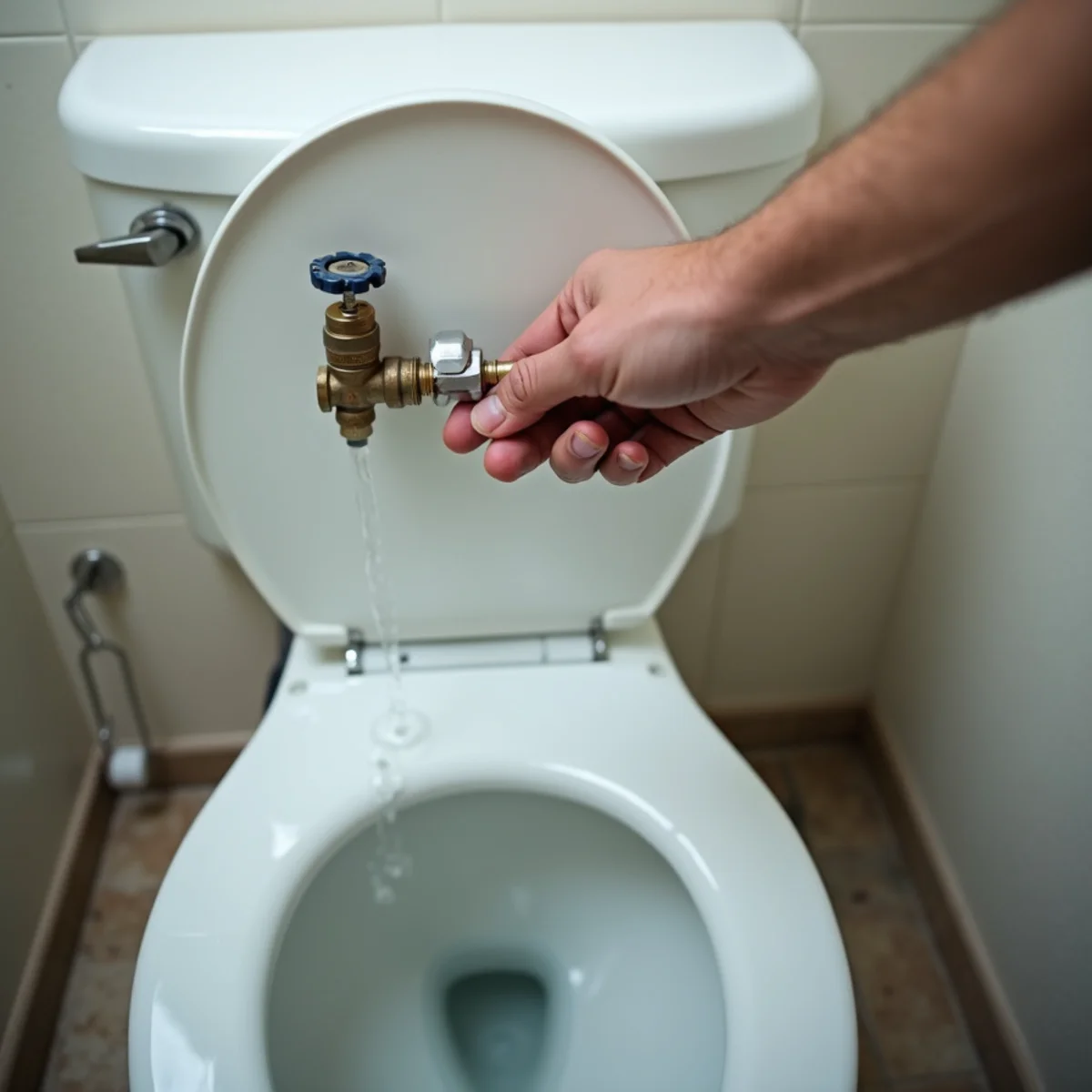 Water overflowing from a toilet bowl onto a bathroom tile floor