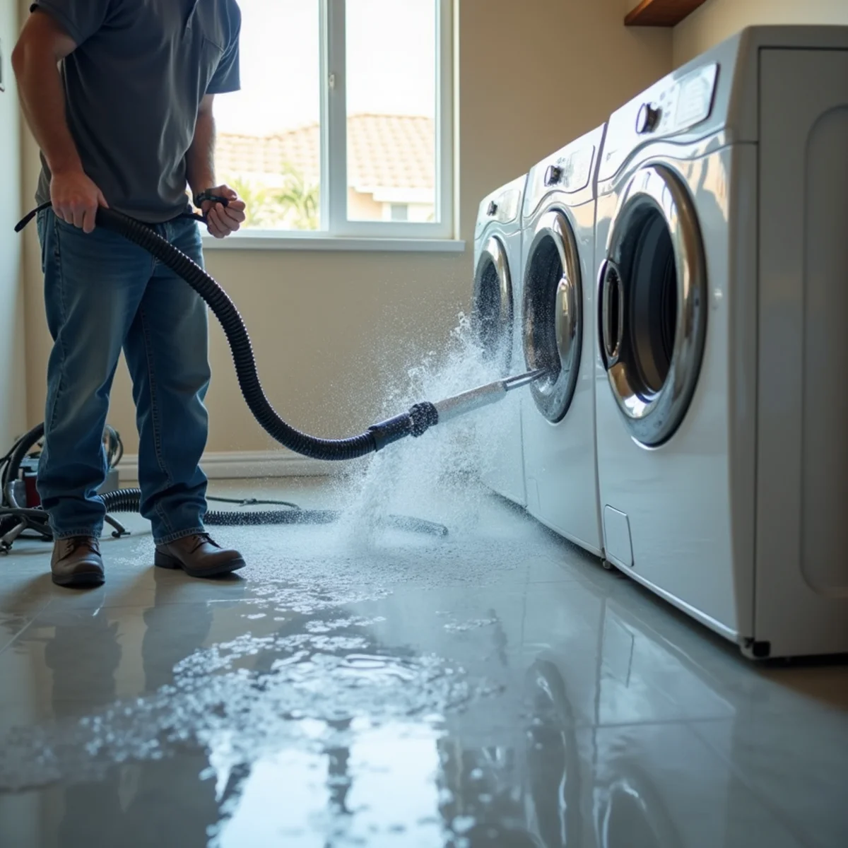 Water flooding out from behind a washing machine after a supply line burst
