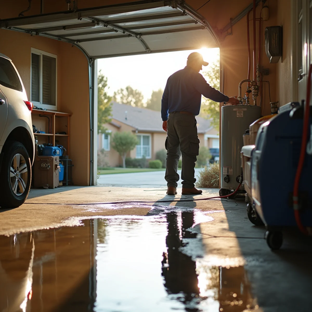 Water pooling around the base of a leaking water heater in a Chino Hills garage