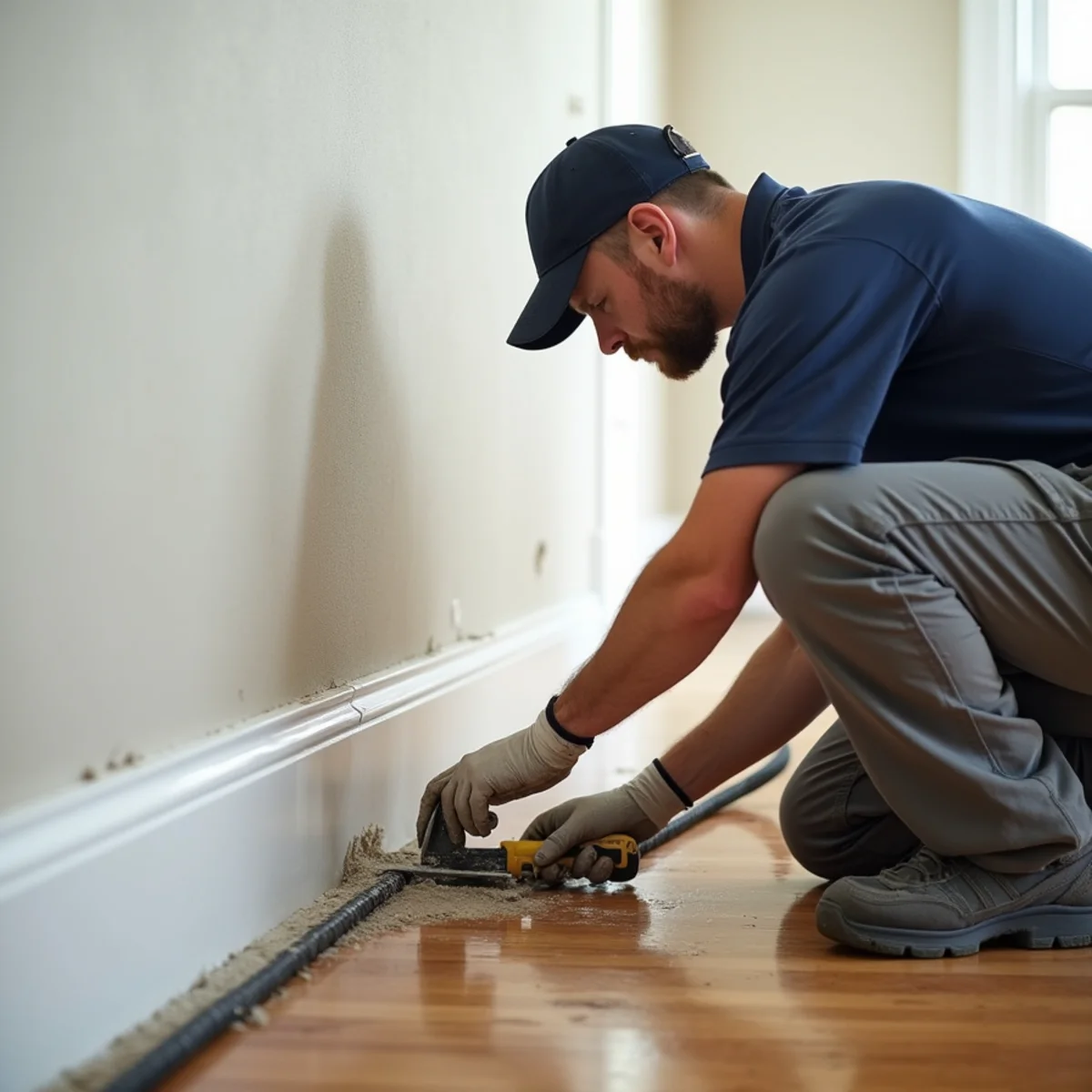 Technician checking a water-stained section of drywall with a moisture meter before deciding whether to cut it out