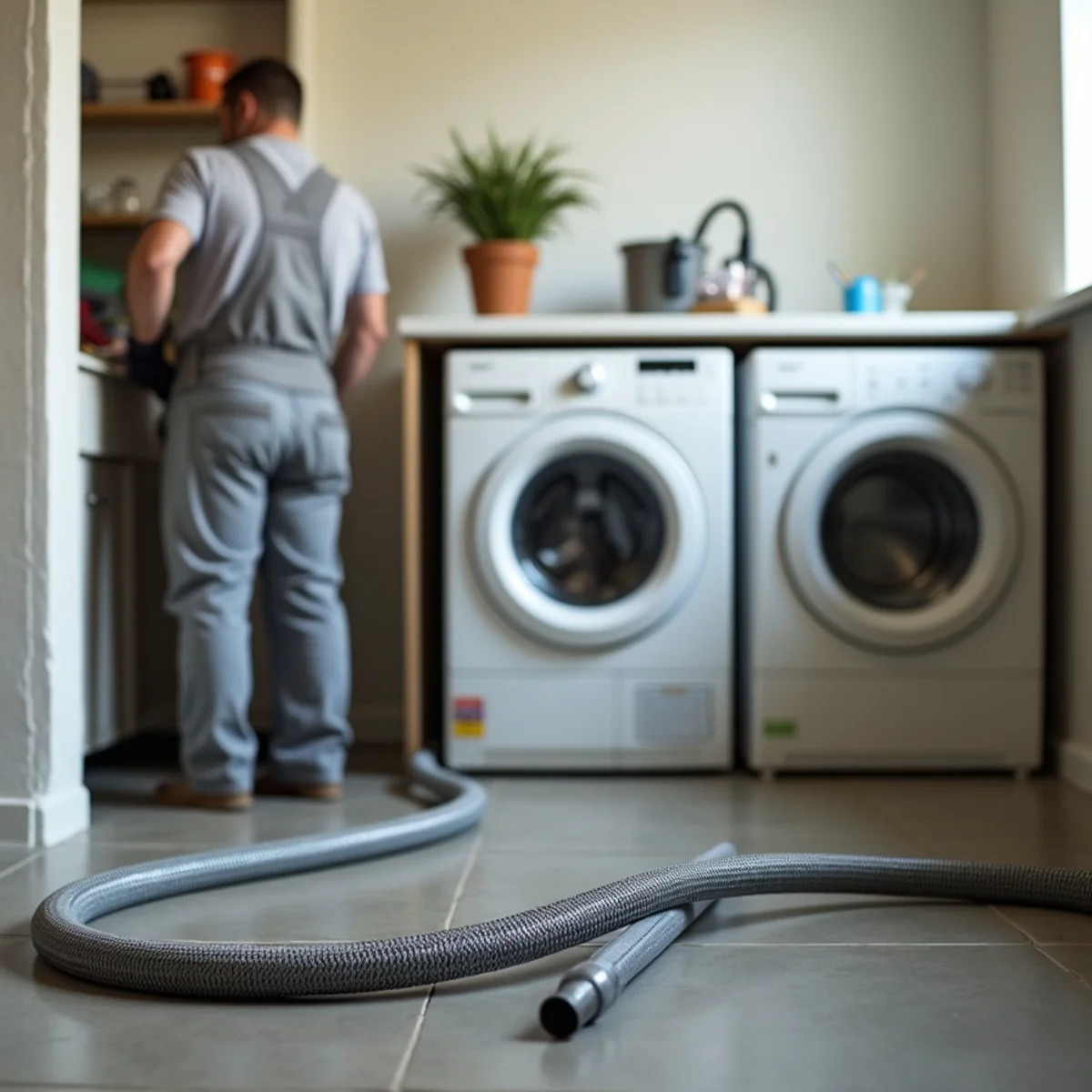 Braided stainless-steel washing machine supply hose being installed next to an older rubber hose