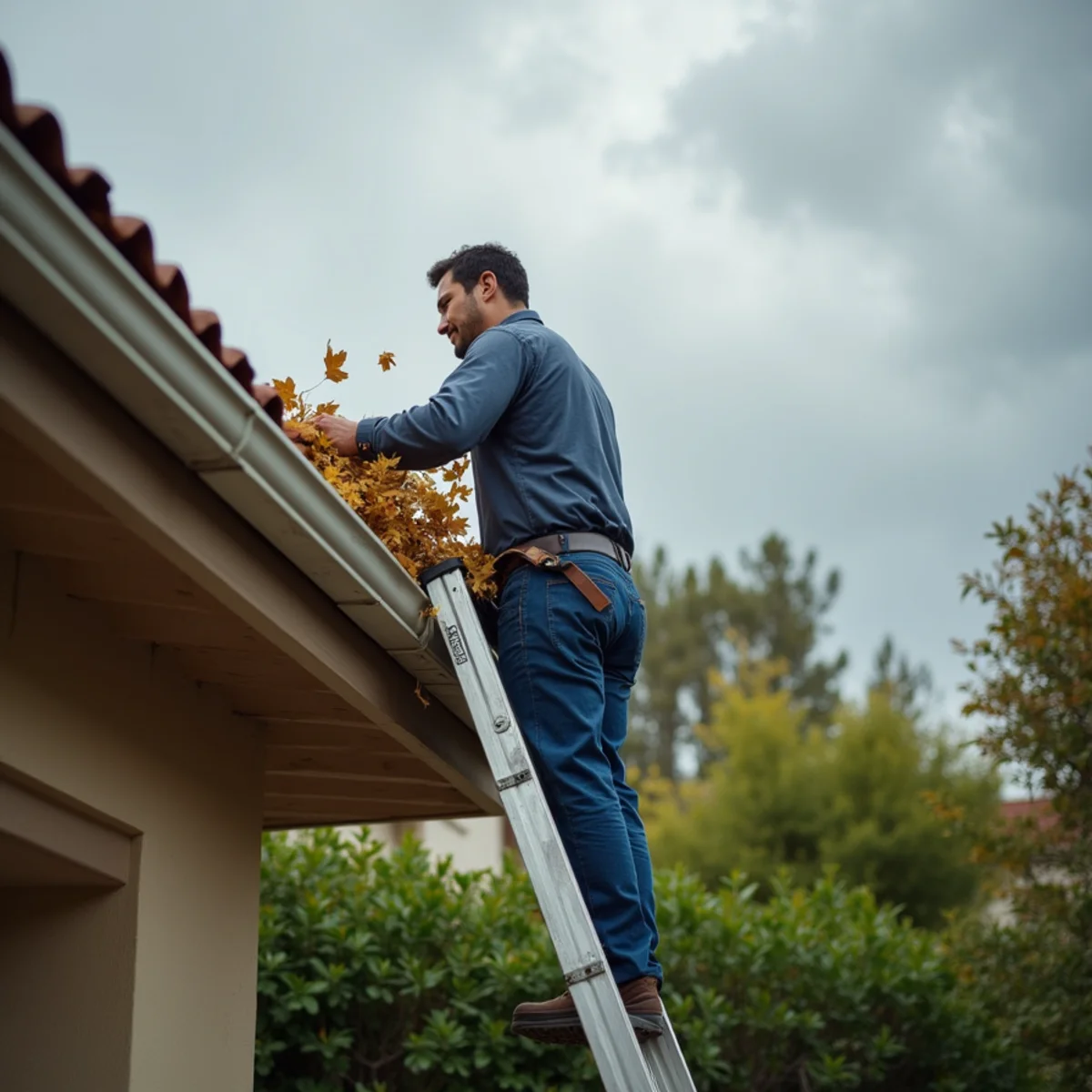 Homeowner clearing gutters and checking roof drainage before winter storm season in a San Bernardino County foothill neighborhood
