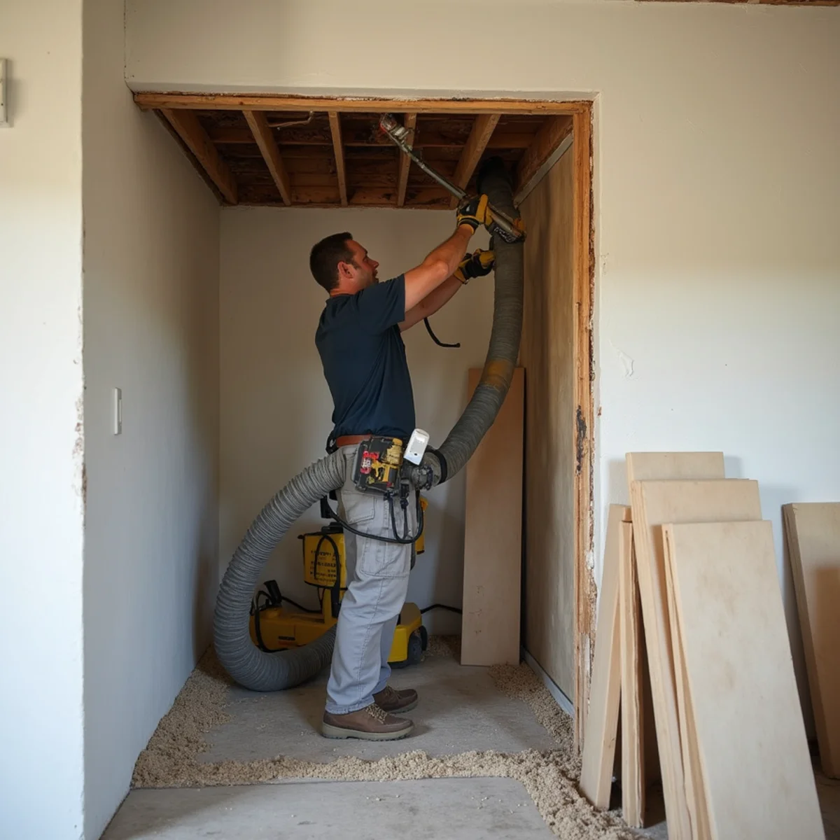 Exposed burst copper pipe being dried inside a Chino Hills wall cavity