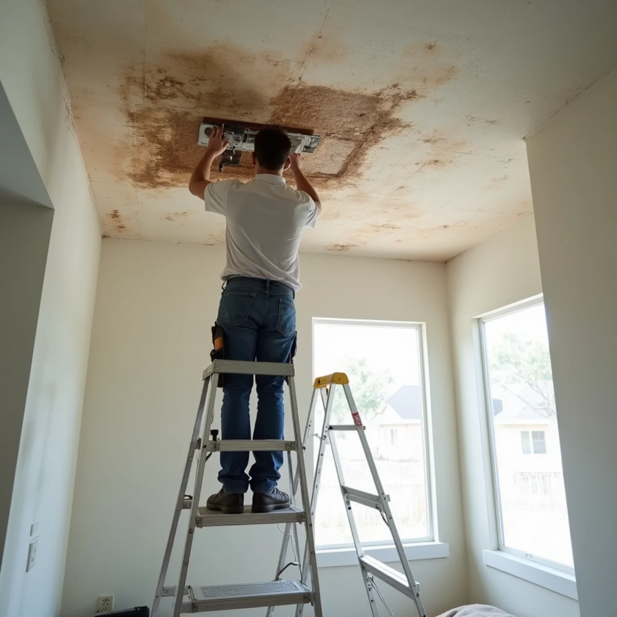 Technician inspecting a water-stained ceiling in a Chino Hills home