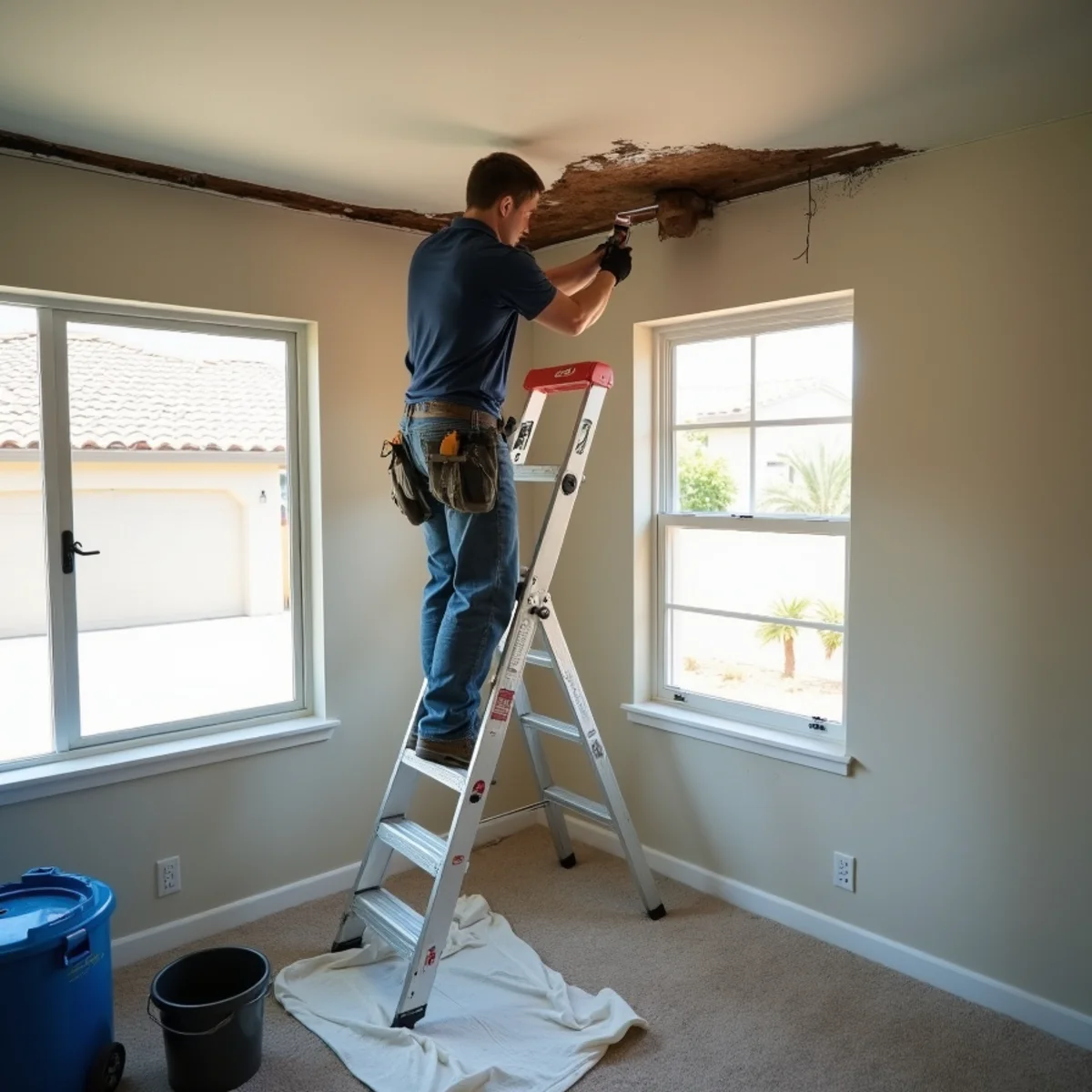 Technician repairing a water-damaged ceiling in a Chino Hills home