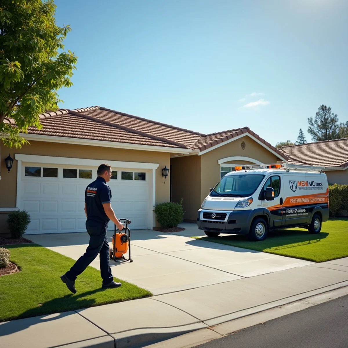 Water damage restoration technician working in a Chino, CA home
