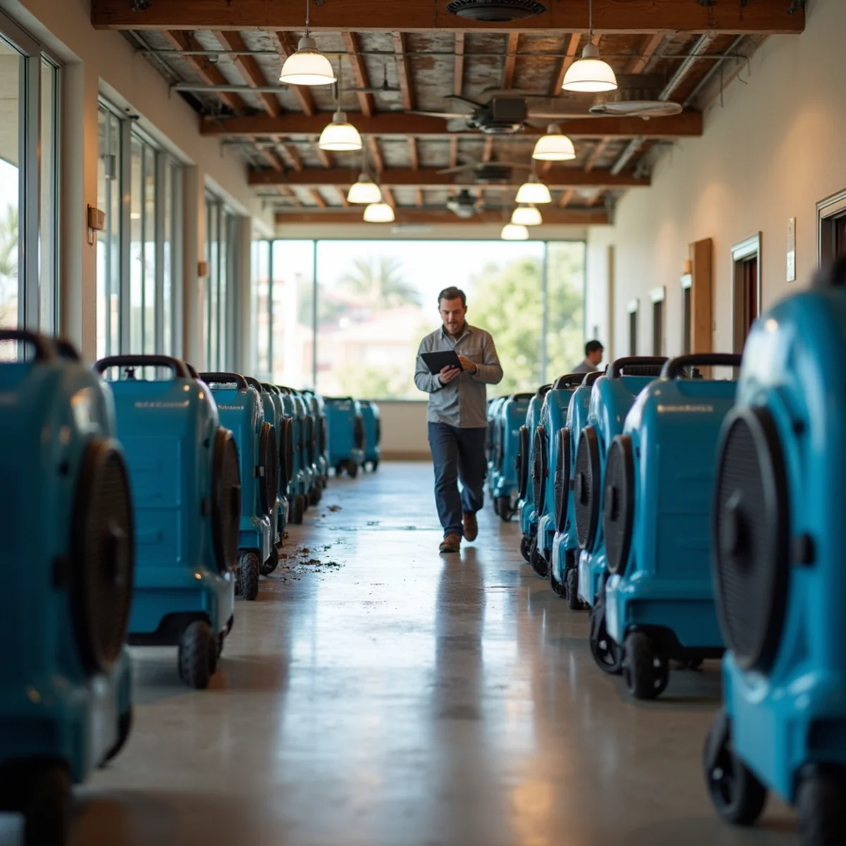 Rows of drying equipment restoring a Chino Hills commercial office after water damage