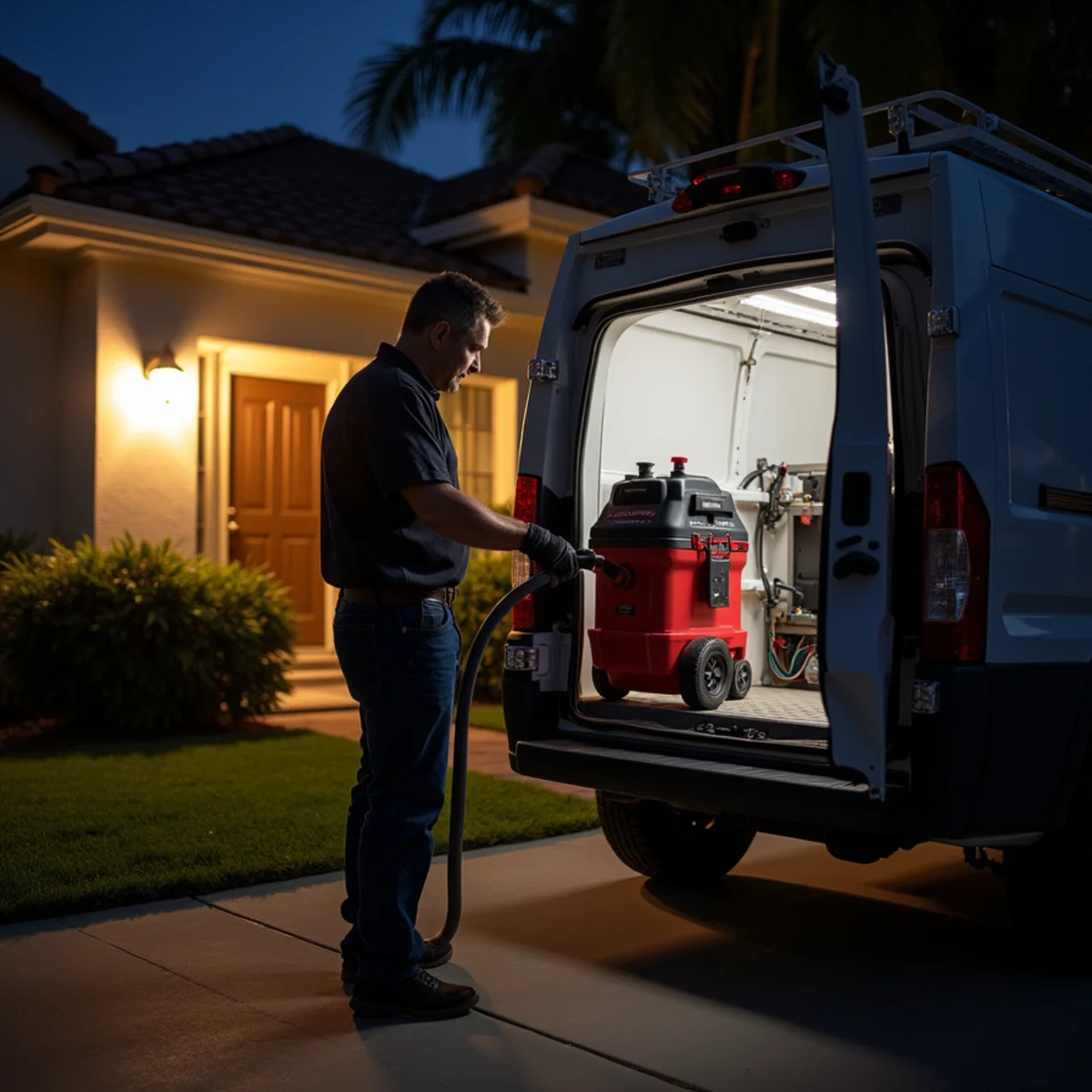 Emergency water removal crew arriving at a Chino Hills home at night