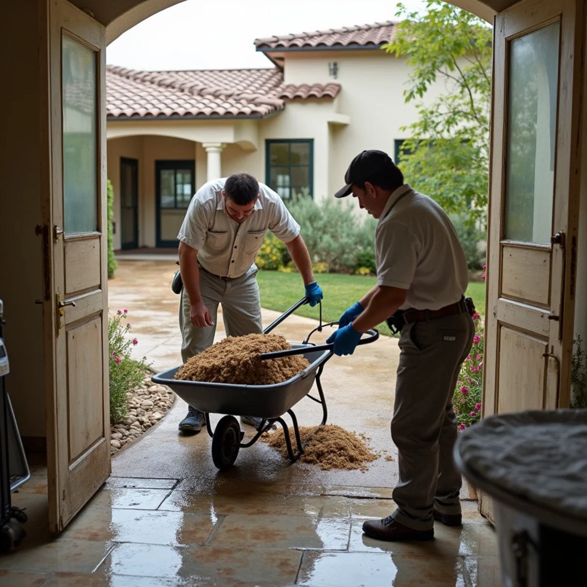 Crew mucking out and extracting flood water from a Chino Hills home