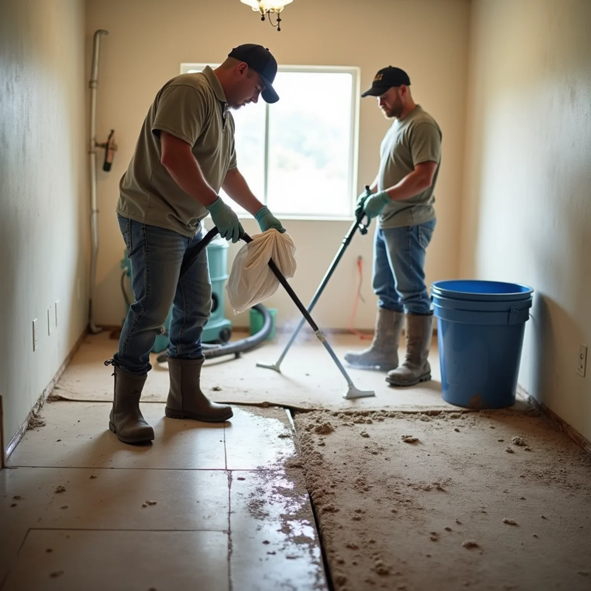Crew sanitizing and removing flood-damaged materials from a Chino Hills home