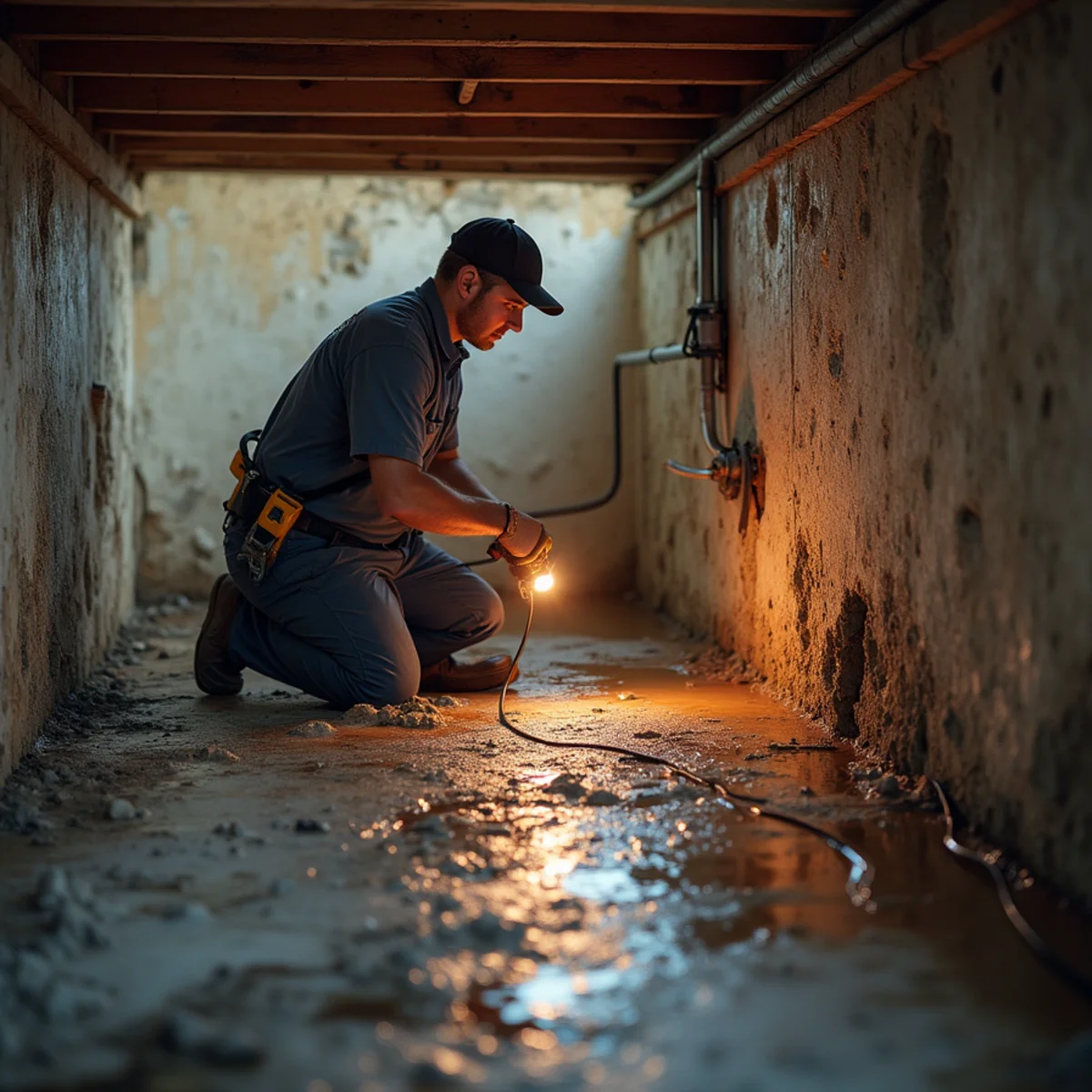 Technician inspecting and drying a Chino Hills crawl space after flooding