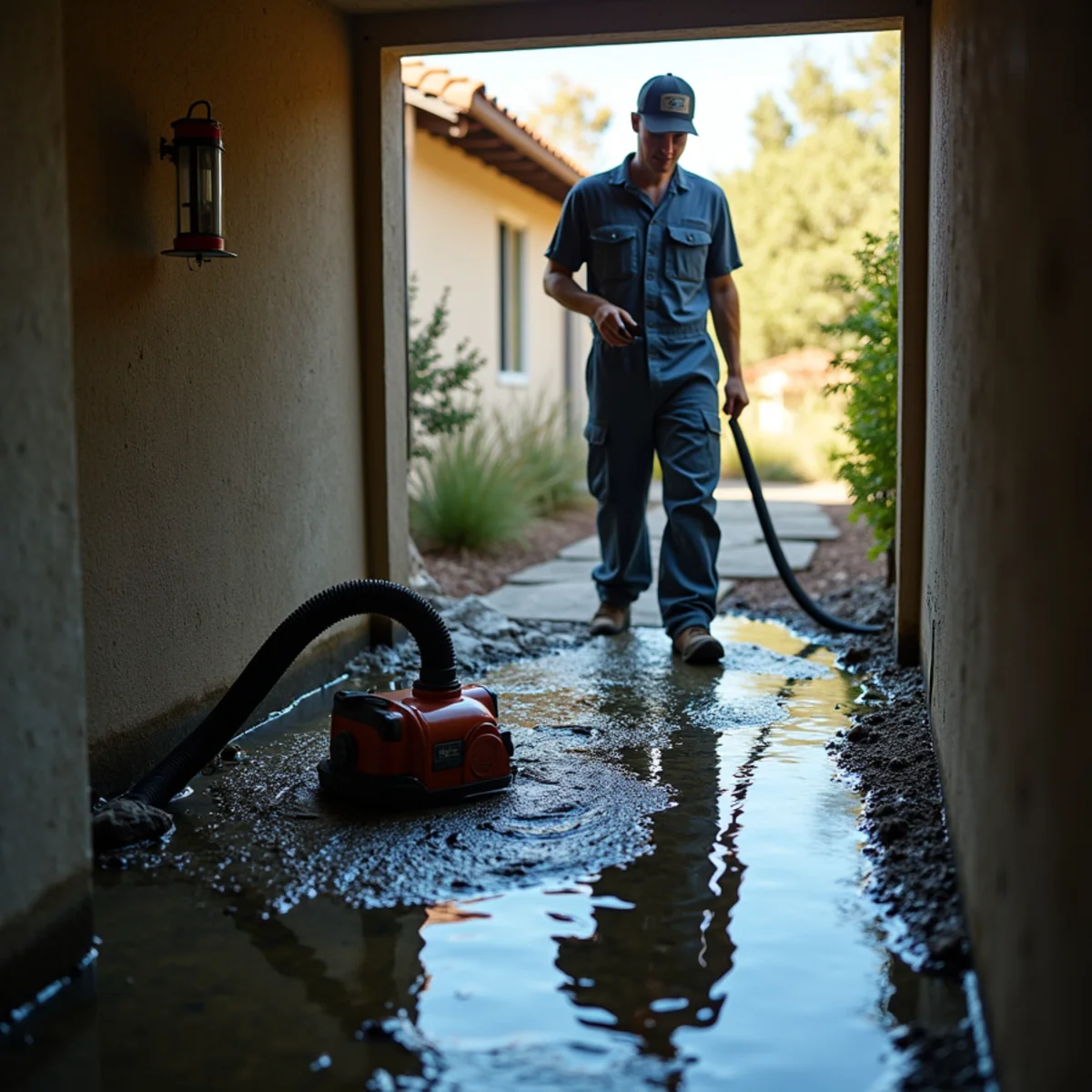 Pump removing water from a flooded crawl space at a Chino Hills home