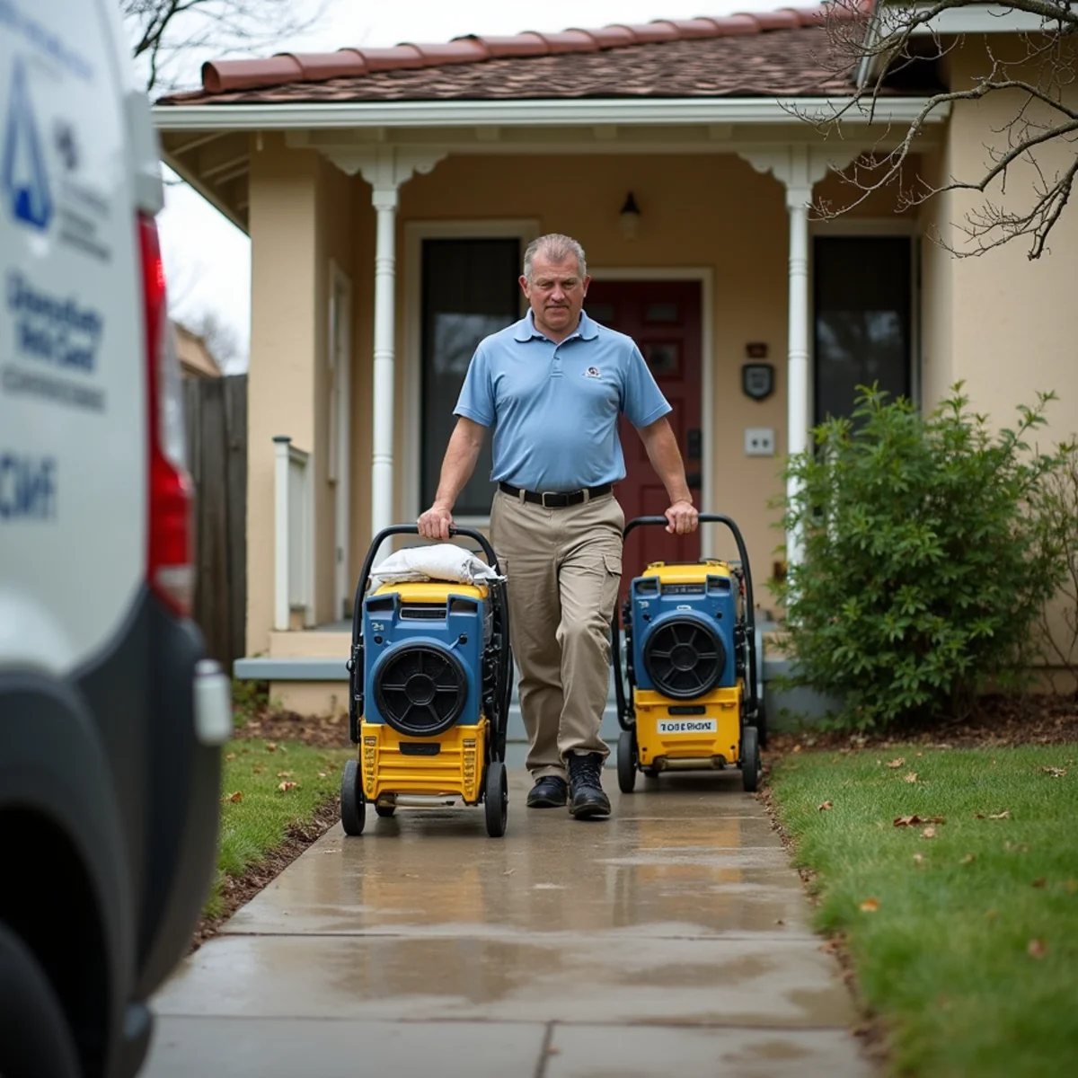 Water damage restoration crew responding at a Fullerton, CA home