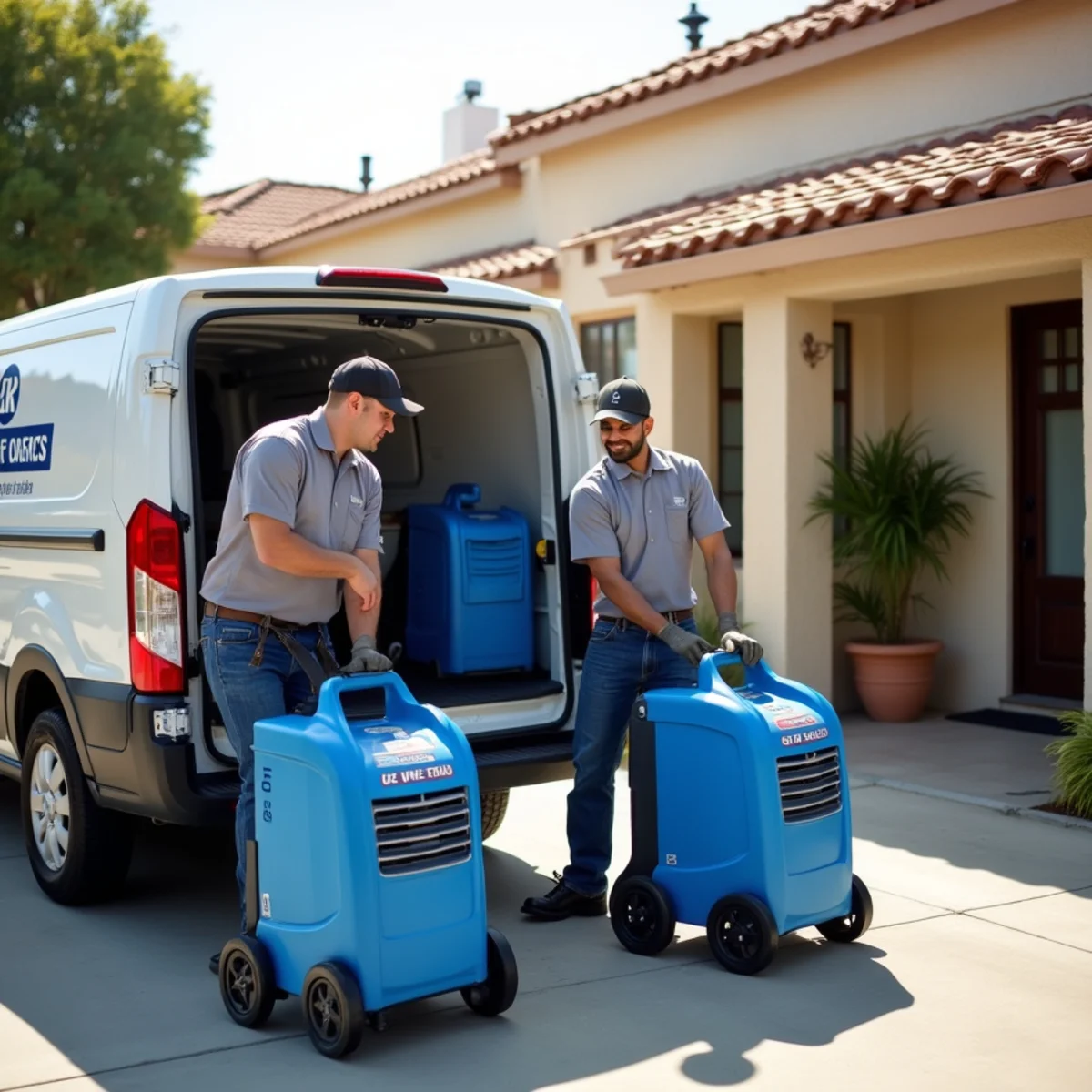 Water damage restoration crew responding at a Garden Grove, CA home
