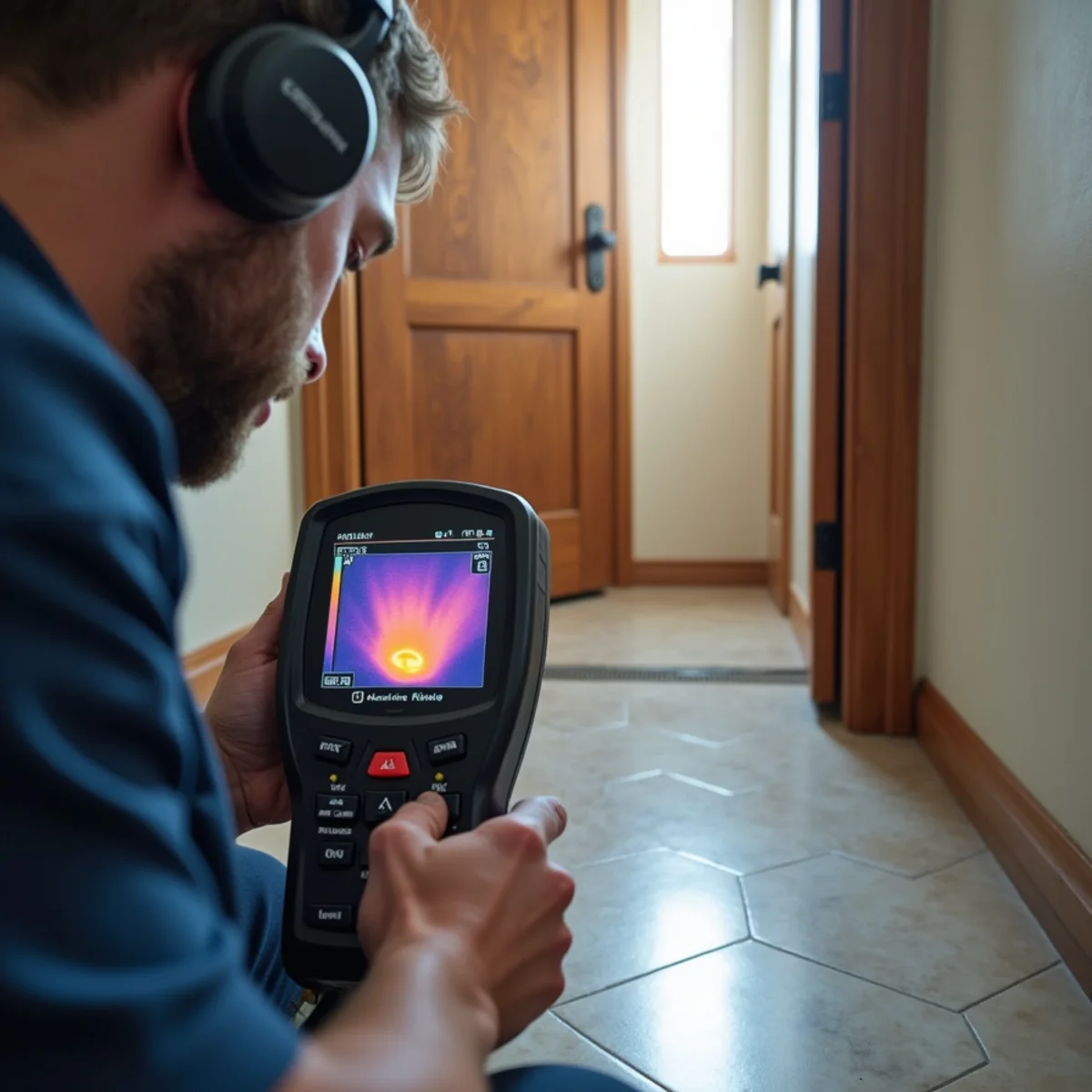 Technician using acoustic equipment to pinpoint a hidden leak in a Chino Hills home