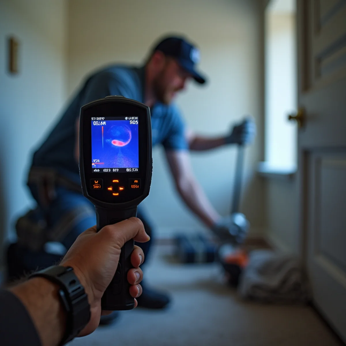 Thermal imaging camera revealing a hidden pipe leak behind a Chino Hills wall