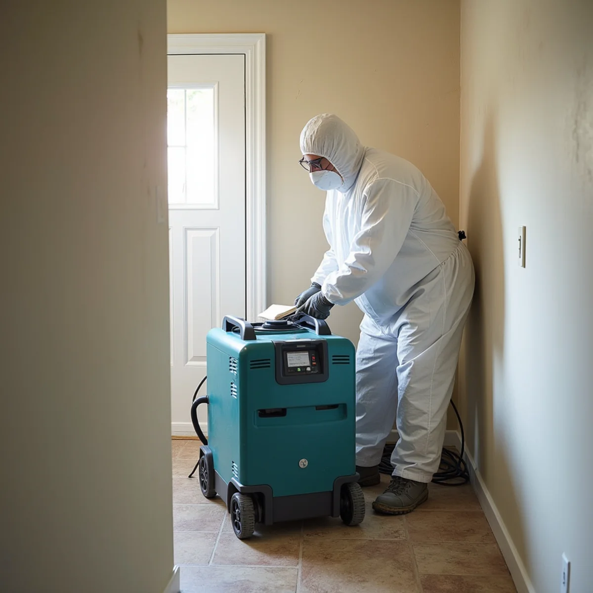 Contained mold remediation work area with a HEPA air scrubber in a Chino Hills home