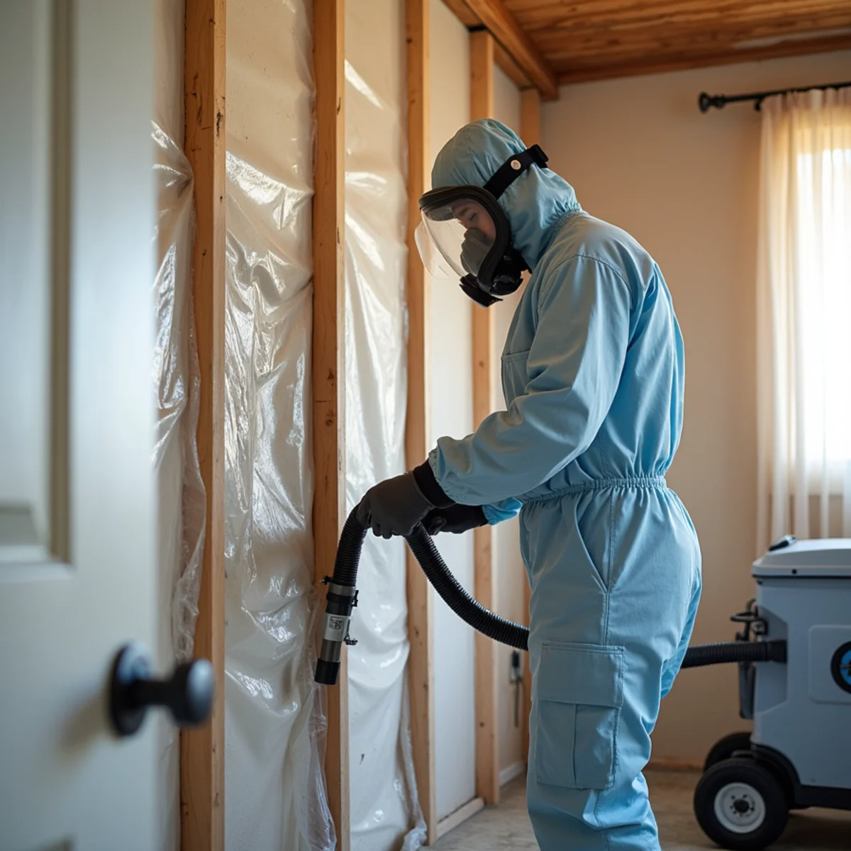 Technician in a respirator treating mold on wall studs in a contained Chino Hills work area