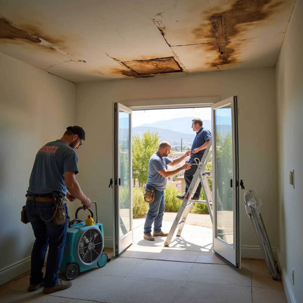 Water damage restoration crew responding at a Rancho Cucamonga, CA home