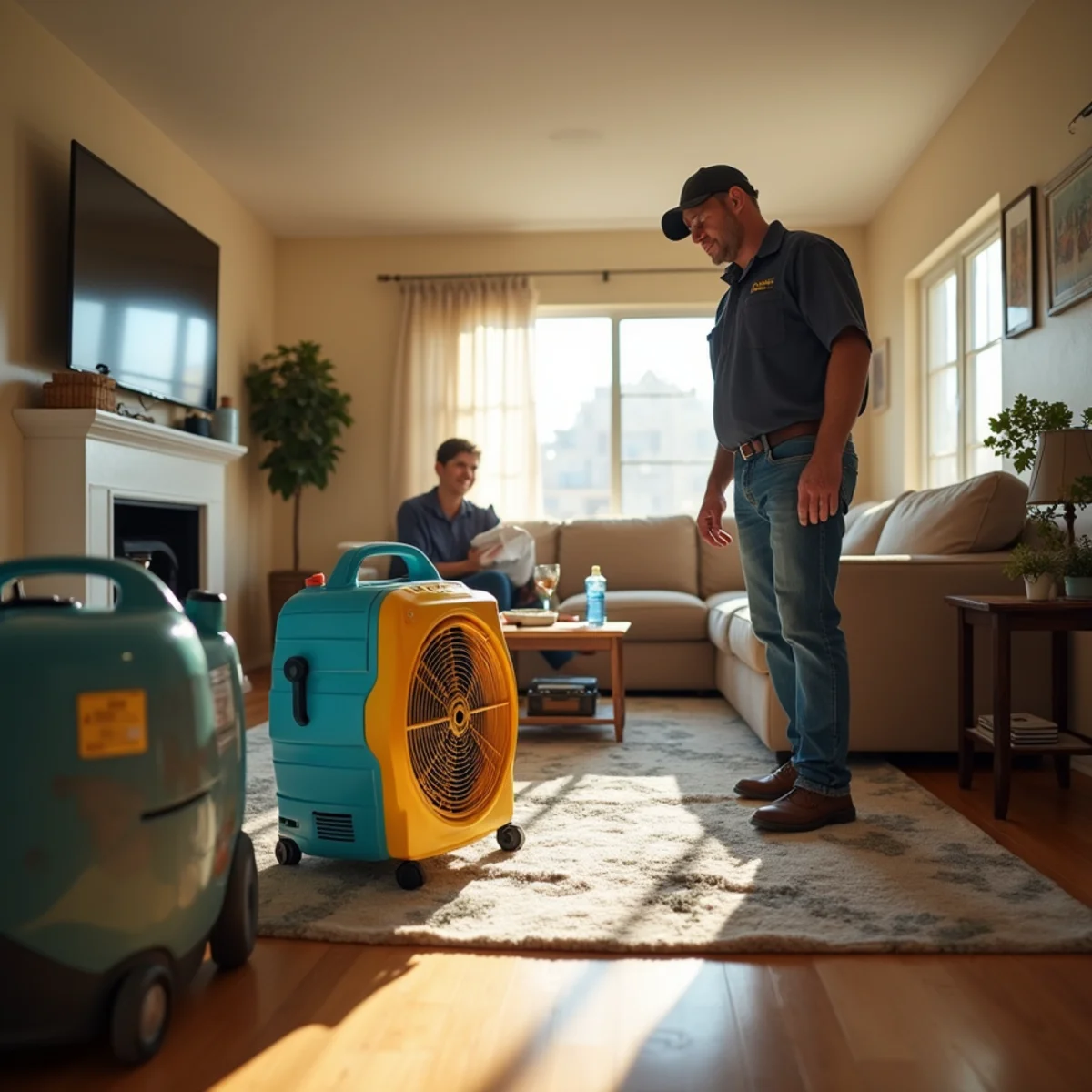 Restoration technician drying a Chino Hills family home after water damage