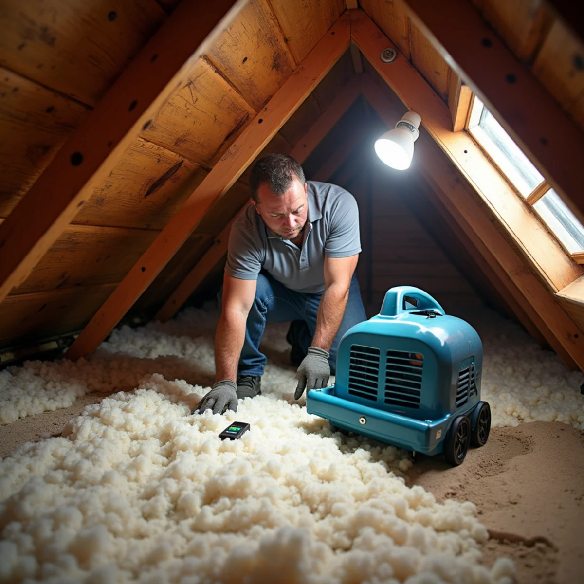 Air movers drying wet attic insulation after a roof leak in a Chino Hills home