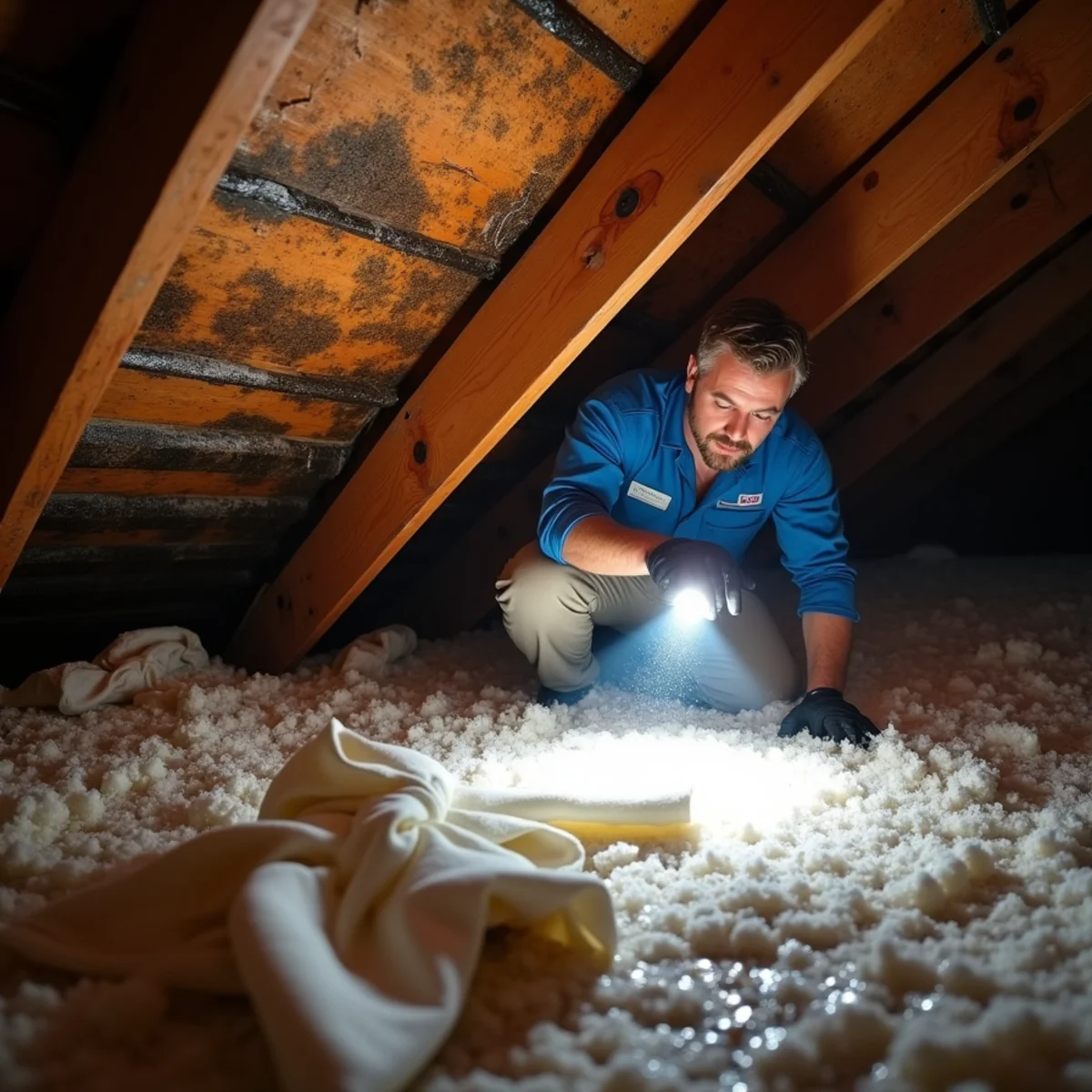 Water-damaged attic and wet insulation from a roof leak in a Chino Hills home